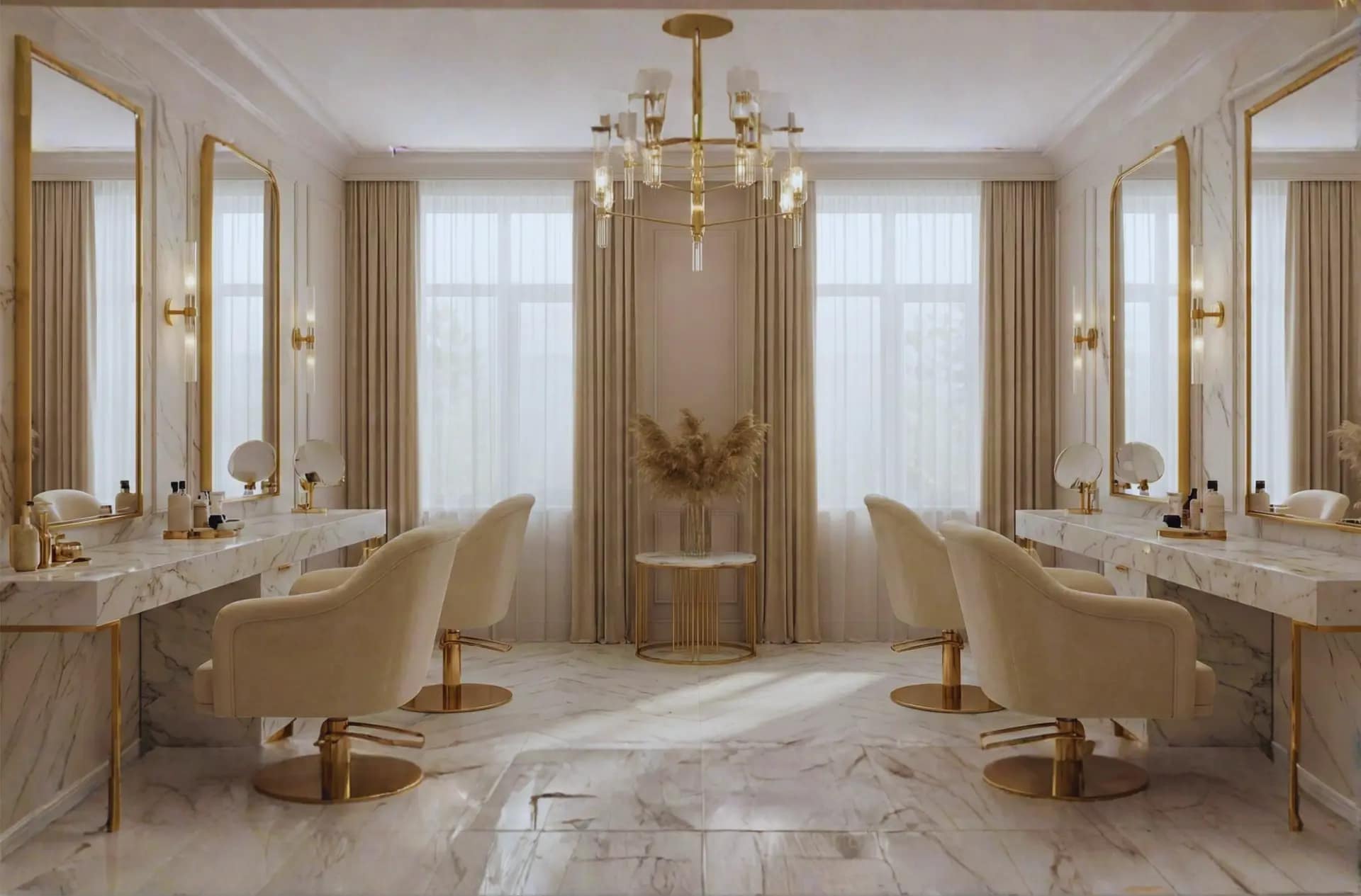 Luxury beauty salon interior with white marble, gold accents and elegant mirrors